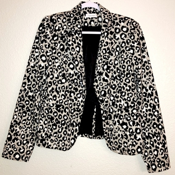 Calvin Klein Leopard Animal Print 2 Button Blazer Women's Size 12 Tan Black EUC - Picture 1 of 9